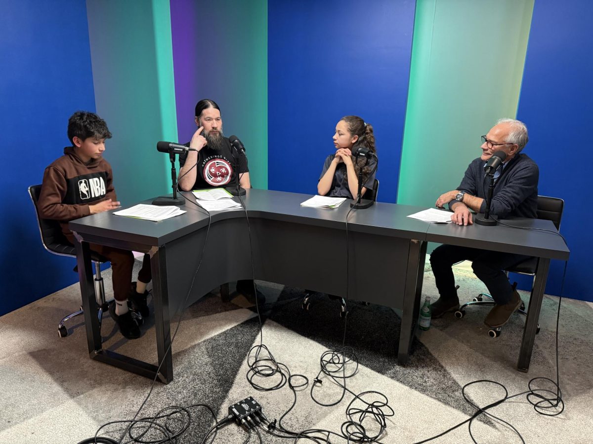 Brain Health Solutions for All podcast participants. From left, Elvin Rodriguez Perez, Vern DeFoe, Kamille Wilson, and Dr. Michael Georgieff in the studio at SPEAK MPLS in Minneapolis. (Eric Ortiz)